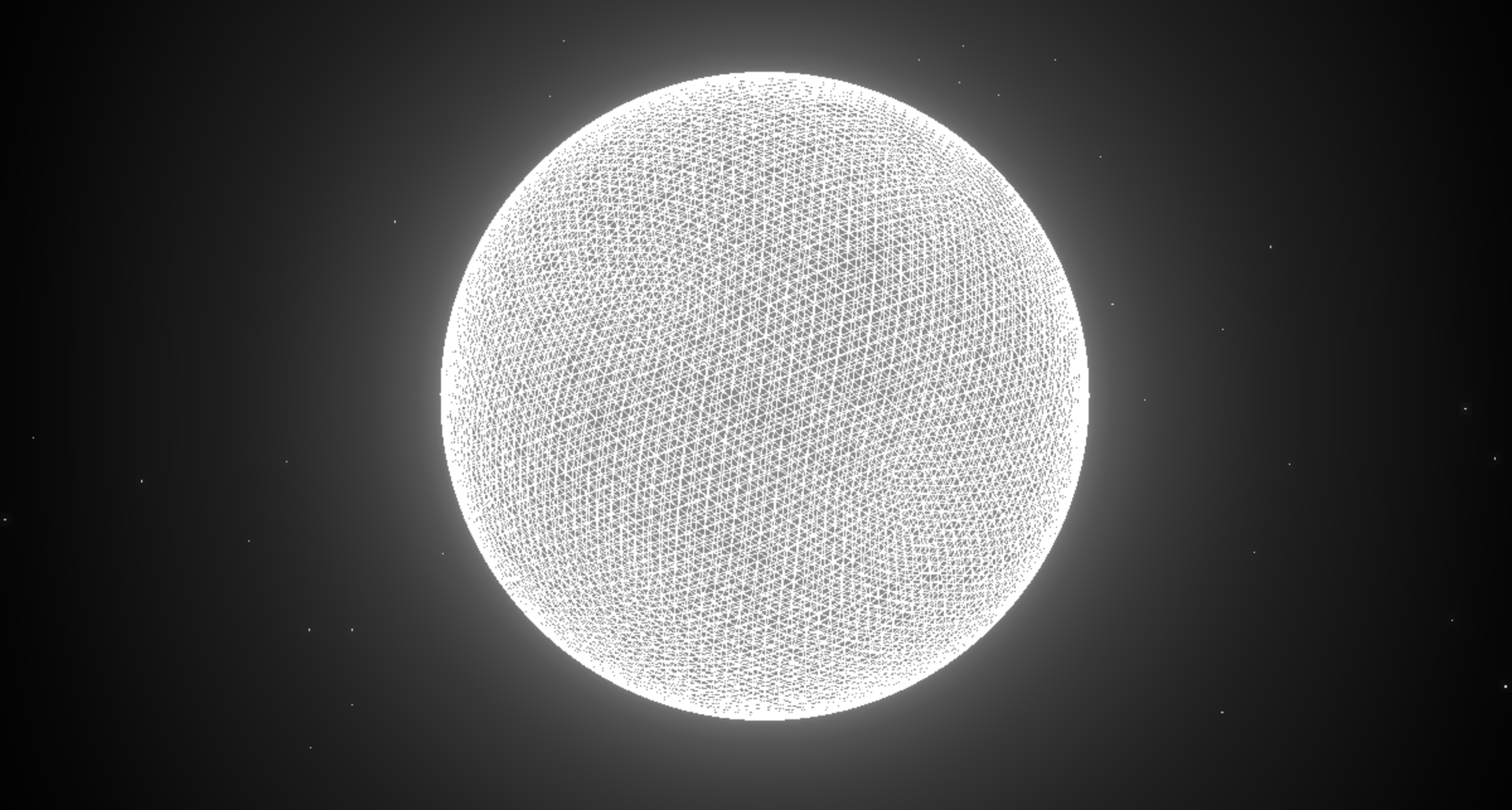A dense wireframe sphere glowing white against a dark field — intelligence as structure, without a face